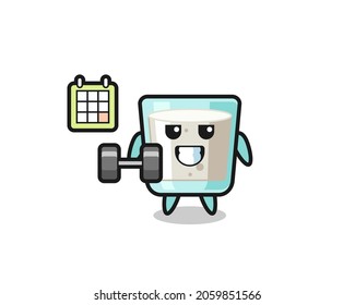 milk mascot cartoon doing fitness with dumbbell , cute style design for t shirt, sticker, logo element