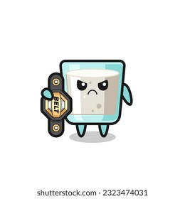 milk mascot character as a MMA fighter with the champion belt , cute style design for t shirt, sticker, logo element