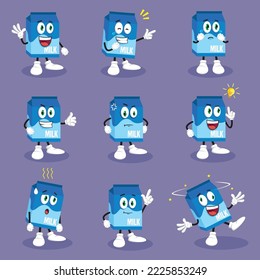 Milk Mascot with Different Emotions set in Cartoon Style Vector. Funny Character. Figure Ilustration. Character Emoji. Cartoon Emoticon.
