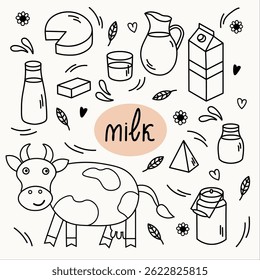 Milk and milky items doodle. Vector set with sketches dairy product, cow, cottage cheese, glass with drink, bag, butter, can, leave and paper bottles. Design for label, logo, sign, wrapping, icon