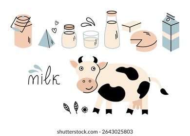 Milk and milky items doodle. Vector set with dairy product, cow, cottage cheese, glass with drink, bag, butter, can, leave and paper bottles. Design for label, logo, sign, wrapping, icon. Food drinks