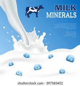 Milk minerals realistic poster with cow on blue background vector illustration 