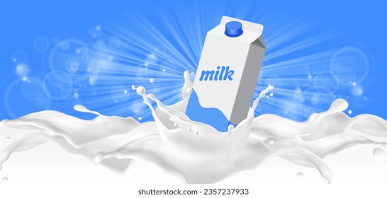 Milk minimal poster. Modern background with organic splash. Dairy banner. Template with splashes and milk box pack.