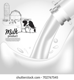 milk mockup with illustration of milk farm, 3d illustration