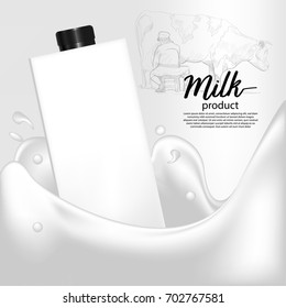milk mockup with illustration of milk farm, 3d illustration