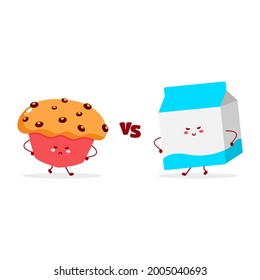 milk and muffin versus cute character simple mascot logo smile happy