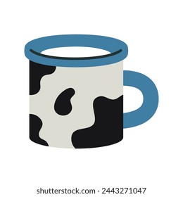 Taza de leche con impresión de vaca, estilo de dibujos animados. Ilustración vectorial moderna de moda aislada sobre fondo blanco, dibujado a mano, diseño plano