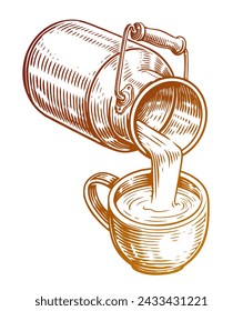 Milk in mug pouring from can. Farm dairy products. Hand drawn sketch vector illustration