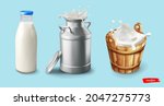 Milk. Natural dairy product. Bottle, can, wooden bucket with milk splash wave. Concept for package of milk.