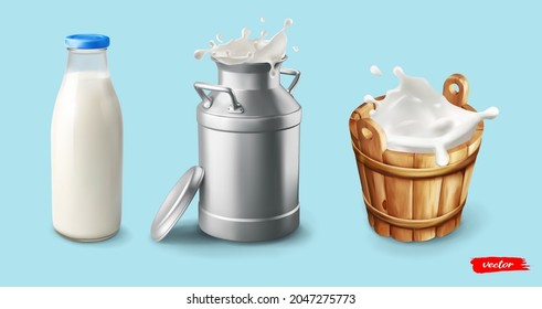 Milk. Natural dairy product. Bottle, can, wooden bucket with milk splash wave. Concept for package of milk.