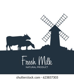 Milk natural product. Rural landscape with mill and cows. Dawn in the village
