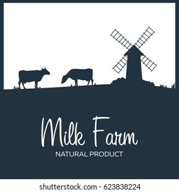 Milk natural product. Rural landscape with mill and cows. Dawn in the village