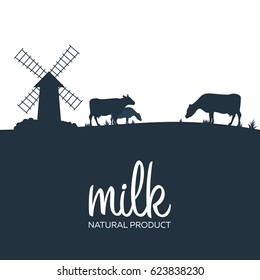 Milk natural product. Rural landscape with mill and cows. Dawn in the village