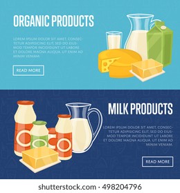 Milk organic products horizontal website templates with different dairy composition isolated on blue background, vector illustration. Natural healthy food. Natural healthy food concept