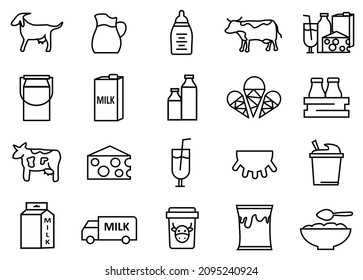 Milk and other dairy products icons set illustration. contain such icon as ice cream, butter, cheese, infant formula, yogurt, cow, goat, etc. linear icons. isolated on white background. vector 