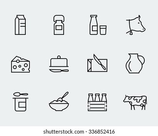 Milk And Other Dairy Products Vector Icon Set In Thin Line Style