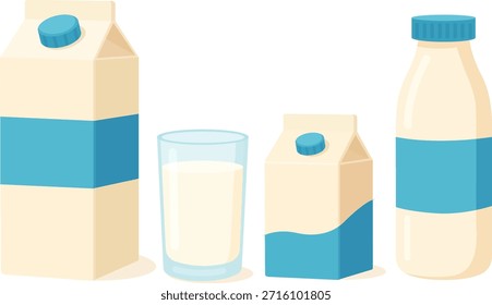 Paquete de leche. Conjunto de iconos de botella de leche. Conjunto de leche en diferentes paquetes: vidrio, cartón, botella. Ilustración vectorial en estilo plano
