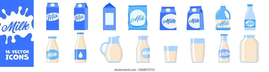 Milchpaket-Symbol-Set. Symbol für Milchflasche gesetzt. Flacher Stil.