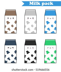 Milk pack vector set. Kawaii milk pack