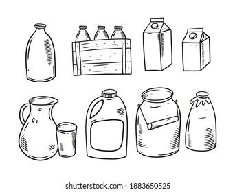 Milk package. Bottle, jar, pack. Black and white color vector illustration. Isolated on white background.