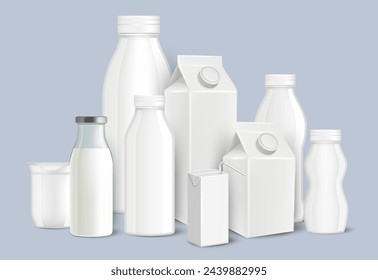 Milk package, cardboard containers template, beverage glass or plastic bottles blank realistic mockup set vector illustration. Dairy product packaging for merchandising and branding