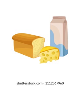 Milk package, fresh cheese and bread. Dairy and bakery products. Food theme. Flat vector elements for promo poster or banner of supermarket