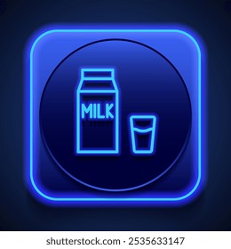 Milchpackung mit Glas einfache Ikone Vektor. Flaches Design. Blauer Neonstil auf Knopf. Mit shadow.ai