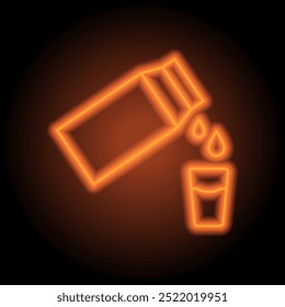 Paquete de leche con vidrio, gota de agua simple icono de Vector. Diseño plano. Neón naranja sobre fondo negro.ai