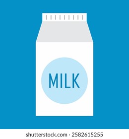 Milk in package isolated on blue background. Colorful Milk carton box icon. Elements for design dairy products, logo farm, grocery store, health food, etc. Vector flat design illustration, EPS 10. 