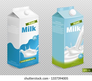 Milk package isolated on transparent Vector realistic with splash. Product placement mock up. Label designs