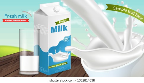 Milk package Vector realistic with splash. Product placement mock up. Label design. Splash milk backgrounds