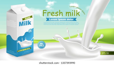 Milk package Vector realistic with splash. Product placement mock up. Label design. Splash milk backgrounds