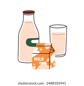 Milk packages, bottle and glass, tetra pack. Dairy products. Cardboard paper box, plastic container. Fresh natural organic beverage, drink. Flat vector illustration isolated on white background