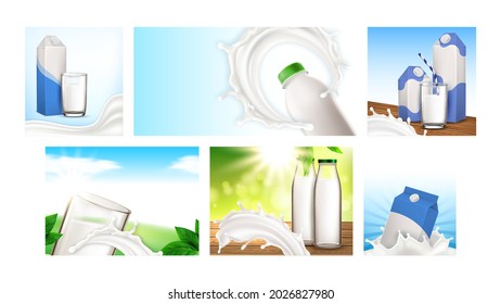 Paquetes Lácteos Creativos Promo Afiches Set Vector. Botella Y Embalaje En Blanco, Vidrio Con Paja Y Bio Leche Natural En Pancartas Publicitarias. Ilustraciones de plantillas de concepto de estilo