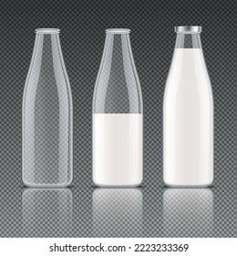 Milk packages transparent set of full empty and half full glass bottles with beverage isolated vector illustration