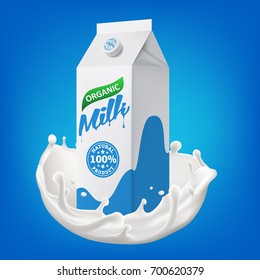 Milk packaging carton in splashing milk 3d vector icon illustration