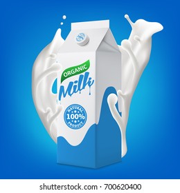 Milk packaging carton in splashing milk 3d vector icon illustration