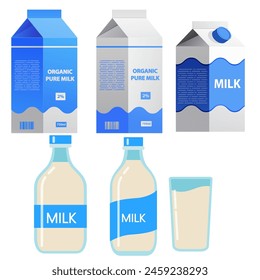 Milk packaging carton.Milk in different packages. Cow milk carton.Isolated on white background.Vector flat illustration.A glass of cream.