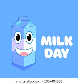 Milk packaging cartoon character smiles in greeting on a blue background. Vector illustration