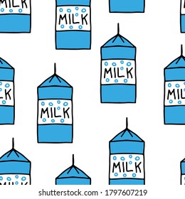 Milch in einem Verpackungsbehältnis einzeln auf weißem Hintergrund. Nahtloses Schnittmuster. Vektorflache, handgezeichnete Illustration. Textur.