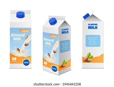 Diseño de embalajes de leche. Las almendras realistas beben cajas con diferentes ángulos vista, bebidas veganas naturales, paquete 3d con salpicaduras blancas, nueces y hojas verdes. Vector aislado en conjunto blanco