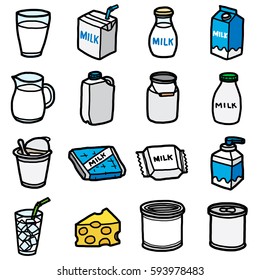 milk packaging objects, icons set / cartoon vector and illustration, hand drawn style, isolated on white background.