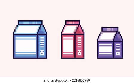 Milk packaging pixel art set. Juice card box collection. Empty cardboard  8 bit sprite. Game development, mobile app.  Isolated vector illustration.