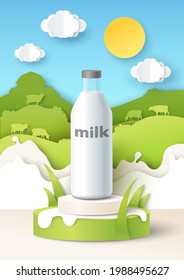 Milk packaging plastic bottle mockup on display podium, paper cut fields, cows, milk splashes, vector illustration. Natural healthy dairy food product ads template.