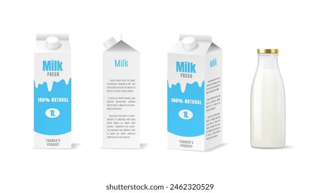 Milk packed in carton boxes and glass bottle realistic vector illustration set. Dairy product mockup containers 3d objects on white background