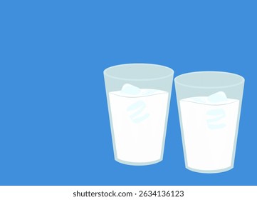 milk packing, freshness two glasses of milk with ice cube on blue, dairy products background. Icon, illustration cartoon style.