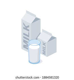 Paquetes de leche. Vector 3d isométrico, color web o iconos de impresión, nuevo estilo plano. Ilustración creativa, idea para infografías.