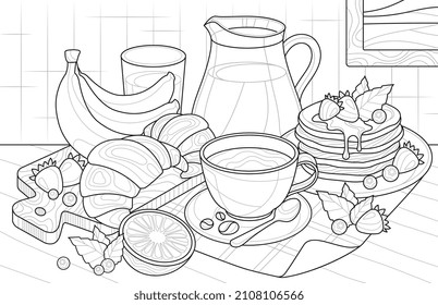 Milk with pastries and fruits concept. Complex antistress coloring book for adults and children. Line art design element for printing on paper and drawing. Cartoon modern flat vector illustration