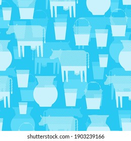 Milk pattern seamless. Cow and bucket. Jug and glass. Milk background vector illustration