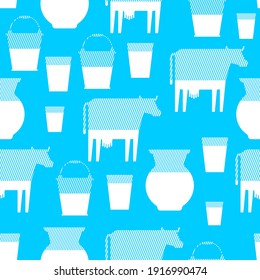 Milk pattern seamless. Cow and bucket. Jug and glass. Milk background vector illustration